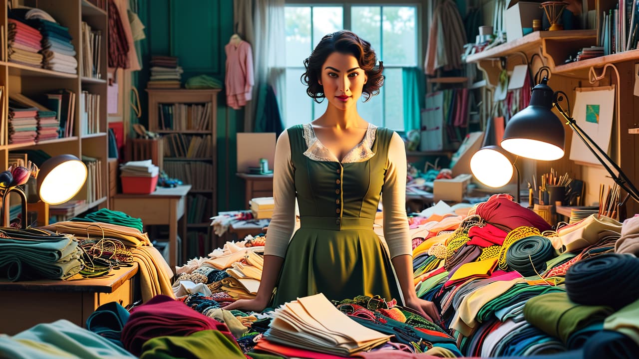  a cluttered workshop filled with mismatched fabric scraps, frayed garments, and sewing tools, highlighting the chaotic process of upcycling clothing. dim lighting casts shadows, emphasizing the challenges of creativity amid disarray. hyperrealistic, full body, detailed clothing, highly detailed, cinematic lighting, stunningly beautiful, intricate, sharp focus, f/1. 8, 85mm, (centered image composition), (professionally color graded), ((bright soft diffused light)), volumetric fog, trending on instagram, trending on tumblr, HDR 4K, 8K