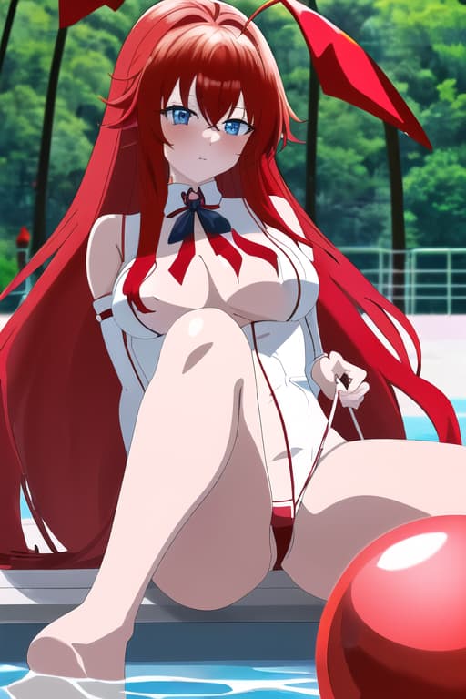  red hair light blue eyes women in a red bunny suit sitting on a red floaty balloon,masterpiece, best quality, 1women, long red hair, looking at viewer, :3, cute, black uniform, outdoors, streets, cow shot, curvy, (((blue eyes))), rias gremory, red hair, antenna hair, wavy hair, ((beautiful detailed eyes, beautiful detailed glow, lots of glow)), anime screencap,women at pool, compeion , black , masterpiece, best quality, high quality, solo