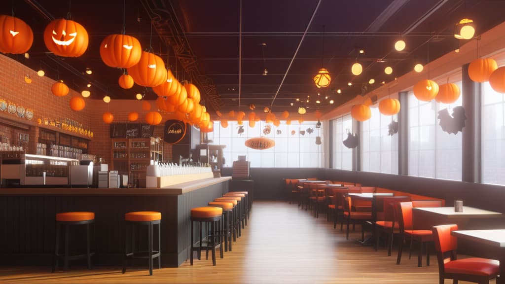  inside coffee shop in new york city with halloween decorations, anime artwork, anime style, key visual, vibrant, studio anime, highly detailed