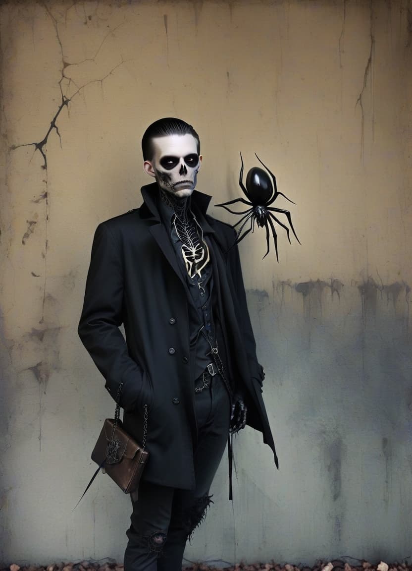  macabre style make him a man with the lower half of a spider's body . dark, gothic, grim, haunting, highly detailed