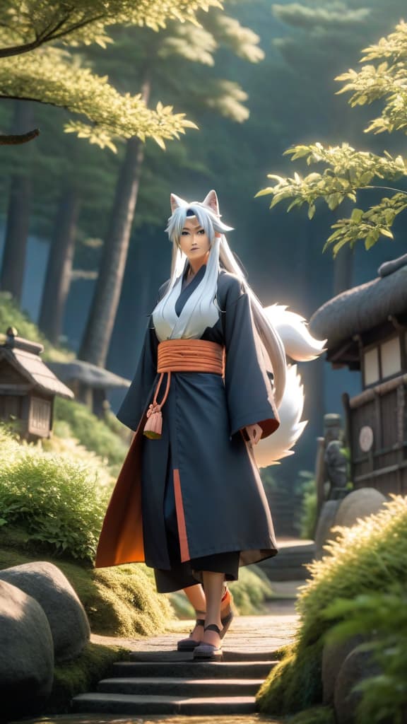  sakumo hatake, the white fang of konoha, standing in the hidden leaf village, naruto anime art hyperrealistic, full body, detailed clothing, highly detailed, cinematic lighting, stunningly beautiful, intricate, sharp focus, f/1. 8, 85mm, (centered image composition), (professionally color graded), ((bright soft diffused light)), volumetric fog, trending on instagram, trending on tumblr, HDR 4K, 8K