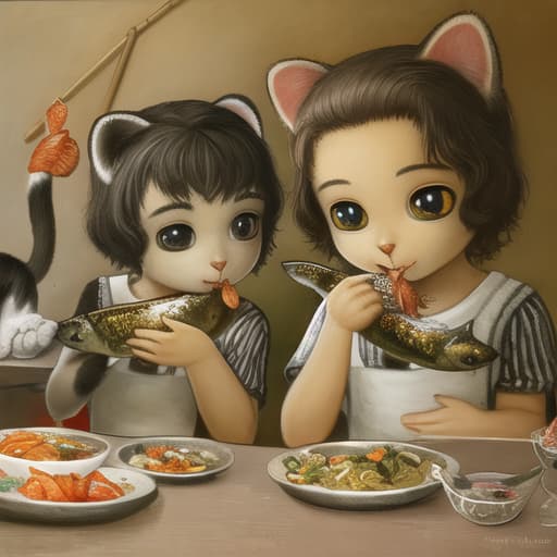  Painting of kittens eating fish