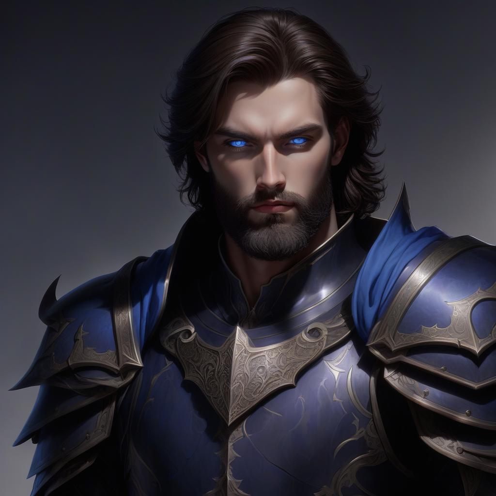  dark paladin, young male face, dark brown hair and beard, blue eyes, full height