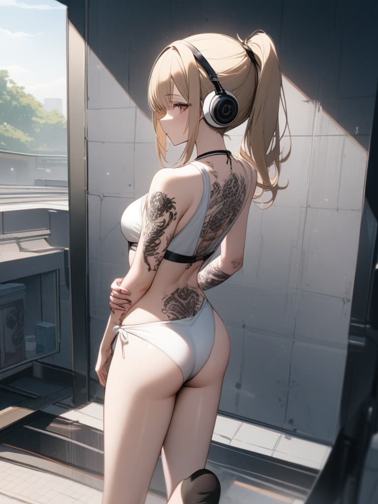  white headphones, white swimwear, poses showing their backs, poses on the wall, snake tattoo on , white frill pare, all body, foot, pool, standing, blonde ponytail, thigh tattoo, tattoo, skull tattoo on arms. , tattoo on a small wing on the back, headphones, tattoos on the feet, snake tattoo on the , masterpiece, best quality,8k,ultra detailed,high resolution,an extremely delicate and beautiful,hyper detail