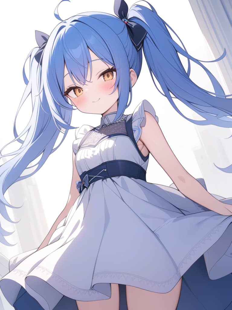  blue hair smile cute loli, dress, twin tail, masterpiece, best quality,8k,ultra detailed,high resolution,an extremely delicate and beautiful,hyper detail