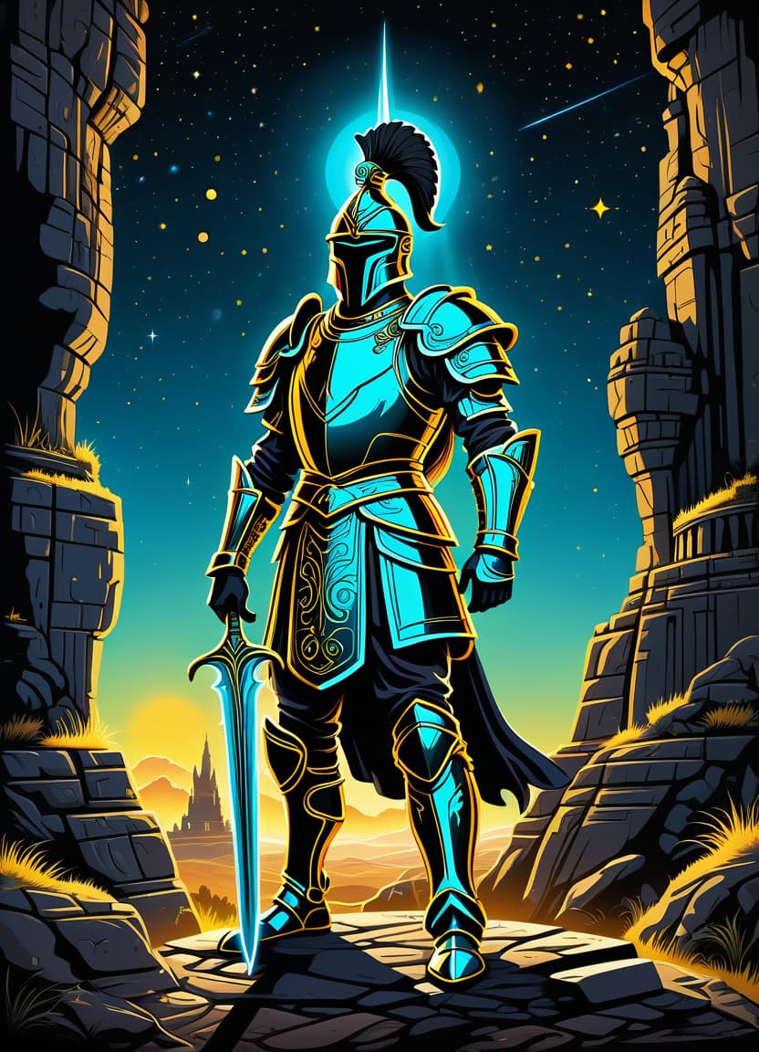  a humorous illustration. bright colors, cartoon style. on the black background, shiny contours outlines of silhouette of a scythian man in armor, in full length, against the backdrop of an earthen and stone fortress, frame with intricate thin ornamentation from comet, stars and cosmic dust: (thin: 1,4) lines ,