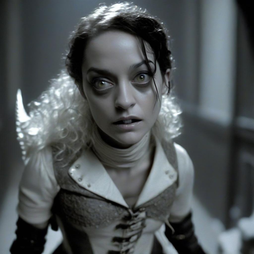  macabre style marion cotillard in the form of an elf thief fighter in a white leather corset, shoulder pads and elbow pads in a dark corridor. . dark, gothic, grim, haunting, highly detailed, perfecteyes, perfect hands