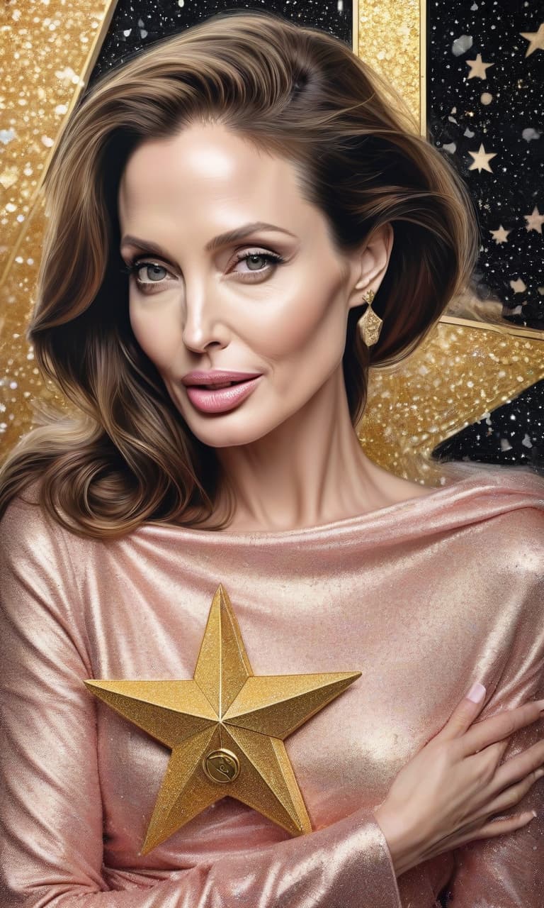  concept art pink, gold, black, white hollywood walk of fame angelina jolie holds a star in her arms . digital artwork, illustrative, painterly, matte painting, highly detailed, perfect hands