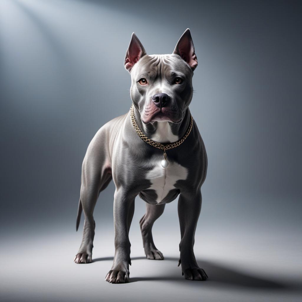  a grey pit bull hyperrealistic, full body, detailed clothing, highly detailed, cinematic lighting, stunningly beautiful, intricate, sharp focus, f/1. 8, 85mm, (centered image composition), (professionally color graded), ((bright soft diffused light)), volumetric fog, trending on instagram, trending on tumblr, HDR 4K, 8K