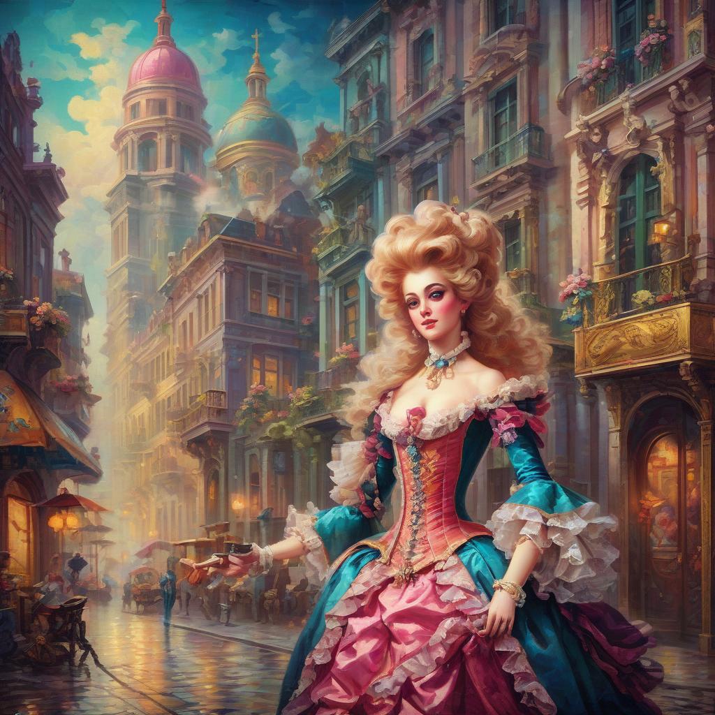  retro game art rococo, oil, canvas, high quality image, city madwoman . 16 bit, vibrant colors, pixelated, nostalgic, charming, fun