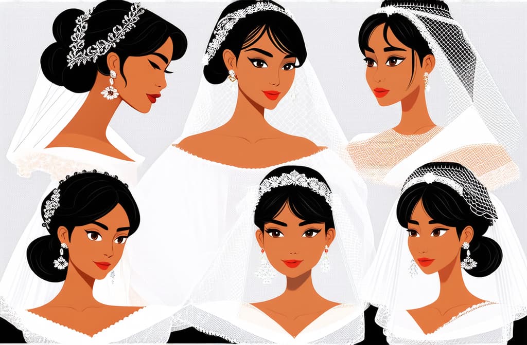  flat illustration, flaticon, (illustration:1.15), different beauty. set of different female heads in wedding veil. different races and nationalities. colored hand drawn illustration ar 3:2, [cory loftis, strobist, pascal campion :: 0.2]