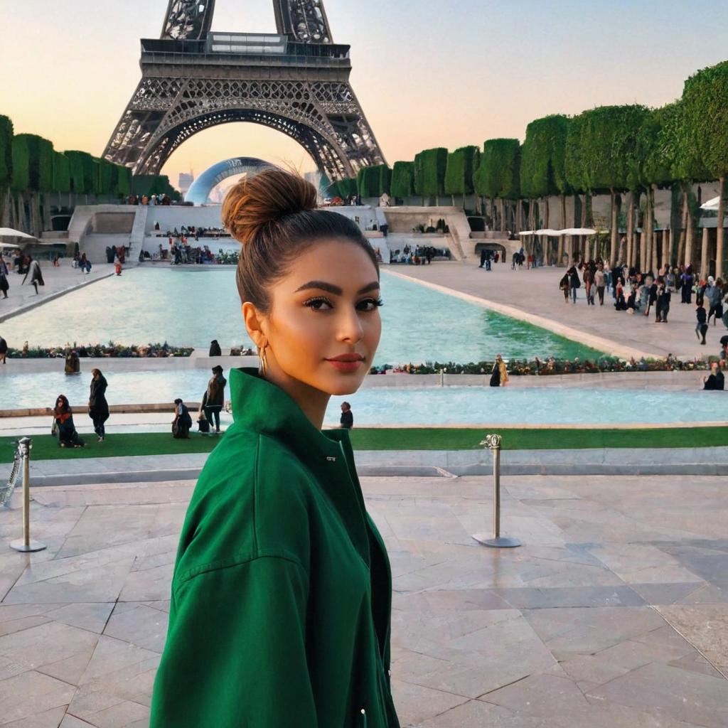  a person wearing casual clothes standing in front of the eiffel tower.