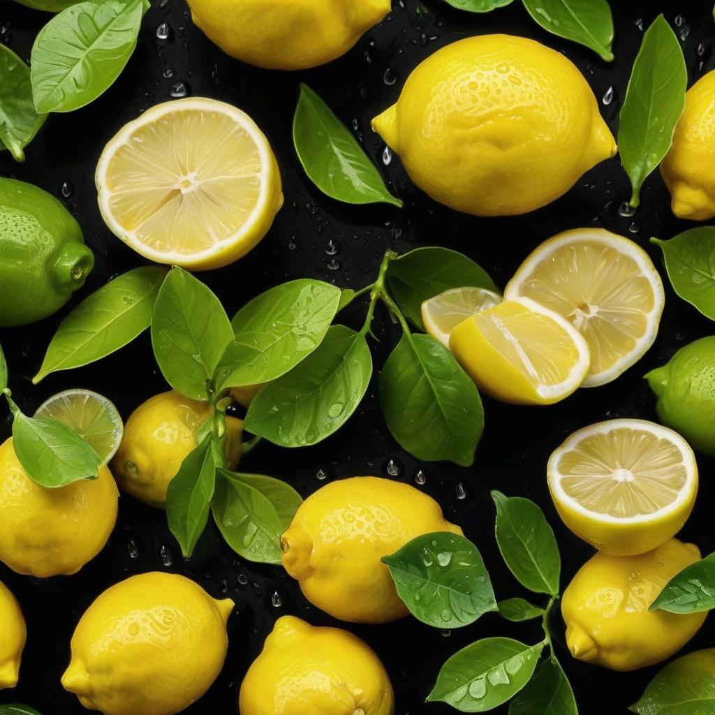  hyperrealistic art juicy yellow lemons with dew drops and green leaves, many, on a black background, shot at a distance of 100 cm, hyperrealistic, professional photo, 5d, realistic, 64k, high resolution, high detail, bright and juicy, bright lighting, aesthetically pleasing, beautiful . extremely high resolution details, photographic, realism pushed to extreme, fine texture, incredibly lifelike