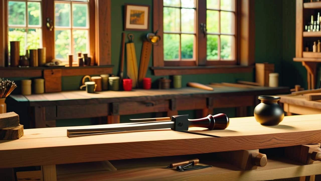  a close up of a wooden workbench showcasing intricate joinery techniques, including dovetails and mortise and tenon joints, surrounded by woodworking tools, shavings, and a warm, inviting light filtering through a workshop window. hyperrealistic, full body, detailed clothing, highly detailed, cinematic lighting, stunningly beautiful, intricate, sharp focus, f/1. 8, 85mm, (centered image composition), (professionally color graded), ((bright soft diffused light)), volumetric fog, trending on instagram, trending on tumblr, HDR 4K, 8K