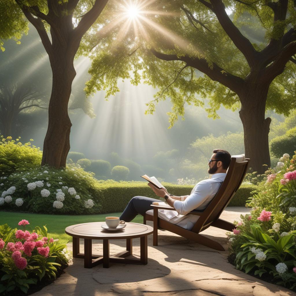  A serene afternoon setting with a calm ambiance. Imagine a comfortable lounge chair under the shade of a tree, with soft rays of sunshine filtering through the leaves. Nearby, a stylish coffee table holds a delicate teacup and an open book, suggesting a moment of relaxation and reflection. The background features a tranquil garden or park scene with subtle floral accents. Incorporate a text overlay with the inspirational message: 'After six days of relentless hard work and determination, it's the perfect time to allow yourself some well-deserved rest and relaxation. True strength comes from balance, and taking a moment to recharge is not only essential but incredibly powerful.' Signed 'Best regards, Alison.' hyperrealistic, full body, detailed clothing, highly detailed, cinematic lighting, stunningly beautiful, intricate, sharp focus, f/1. 8, 85mm, (centered image composition), (professionally color graded), ((bright soft diffused light)), volumetric fog, trending on instagram, trending on tumblr, HDR 4K, 8K