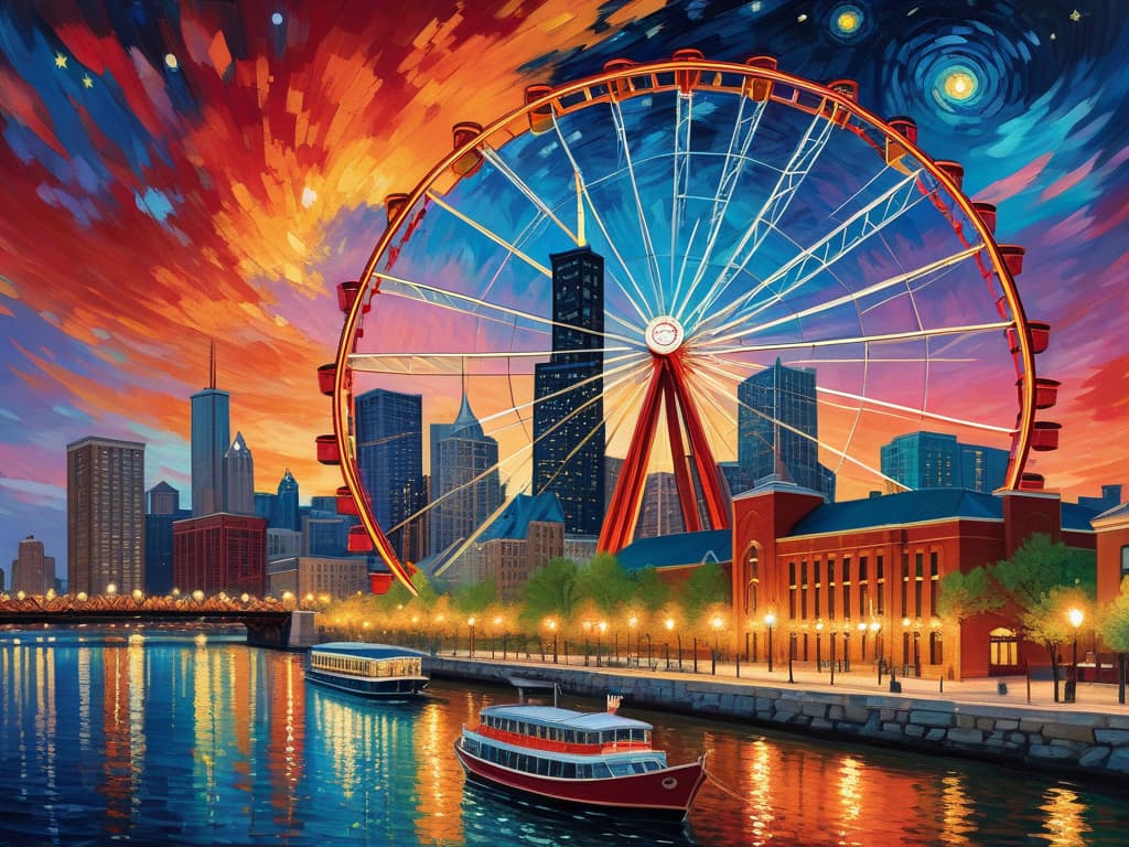  concept art chicago’s centennial ferris wheel, chicago’s navy pier, chicago skyline with prominent towers like willis, hancock, crains communication (slice building) with colorful van gogh swirls in the sky, van gogh's starry starry night with colorful red and orange swirls in the beautiful night sky, hyper realistic, chicago skyline, mesmerizing, intricate details, flambient golden and red sunrise, dramatic lighting, epic composition, wide angle, cinematic, masterpiece, high resolution, sharp details, best quality, 4k, raw photo, van gogh influence, studio lighting, impressionist, bold colors, starry sky, architectural elements, medium format lens, high angle, cityscape, city life, metropolitan, van gogh's brushstrokes, van gogh's shad