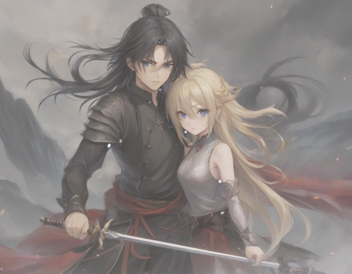  breathtaking realistic photo, two people, a character from the novel “system save yourself for the main hero”, lo binghe, a young man in black with an unassuming long sword behind his back. long black hair to the waist, red eyes, demonic mark on the forehead, next to him a girl blonde, blonde hair to the shoulder blades, european type of face, light skin, blue eyes, plump lips, a small tummy at the bottom of the waist, . award winning, professional, highly detailed, hkmagic