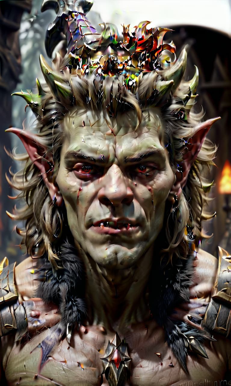  hyperrealistic art an evil goblin king, a crown on his head, with a small beard, red eyes, an evil grin on his face, a mantle with a fluffy collar, a large axe on his shoulder, a sporty physique. . extremely high resolution details, photographic, realism pushed to extreme, fine texture, incredibly lifelike, perfecteyes, hkmagic, civitai