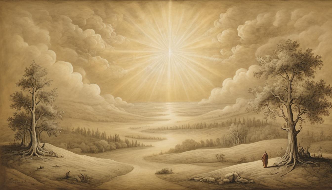  on parchment, surrealism++, a glowing celestial column of light descending from the heavens, illuminating a serene landscape, sense of divine alignment and peace(mysterious, provocative, symbolic)++