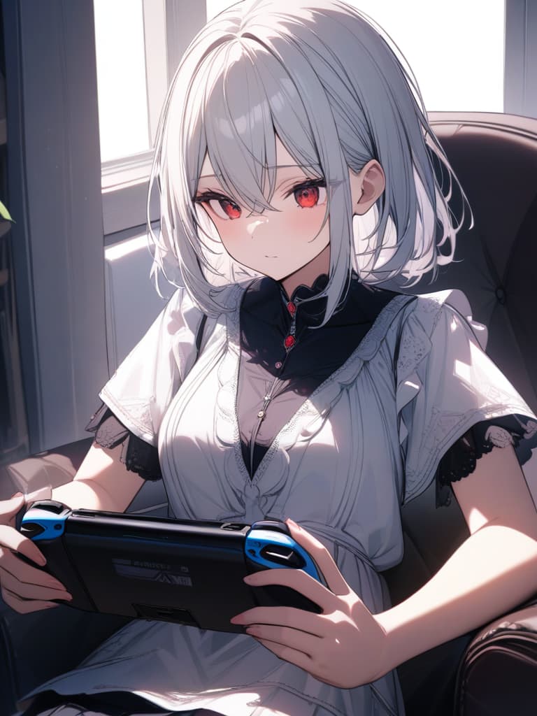  cute, silver hair, red eyes, sharp lines, girls, short haired, game consoles, loli, masterpiece, best quality,8k,ultra detailed,high resolution,an extremely delicate and beautiful,hyper detail