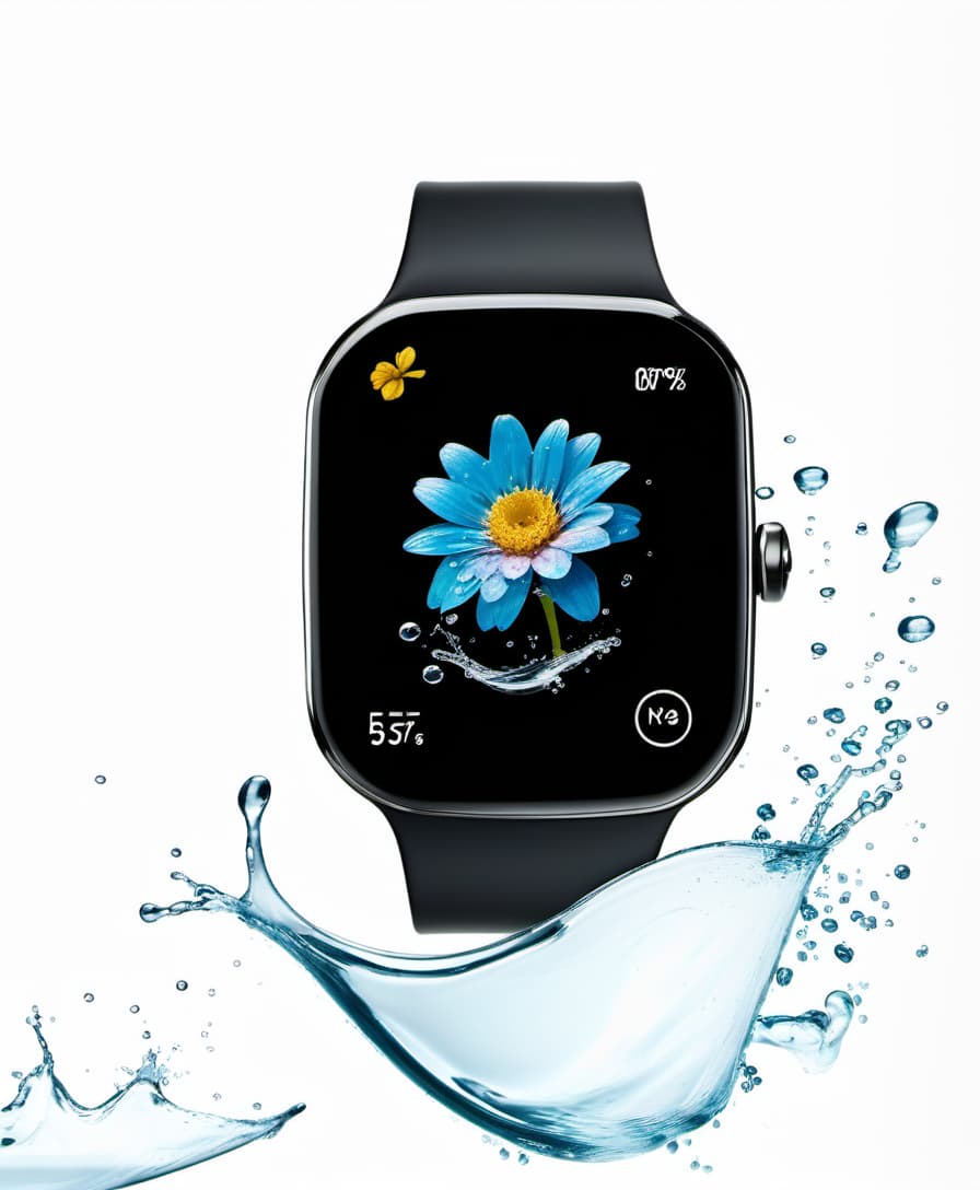  smart watch with a flower on the screen, around a splash of water, white background, film photography style