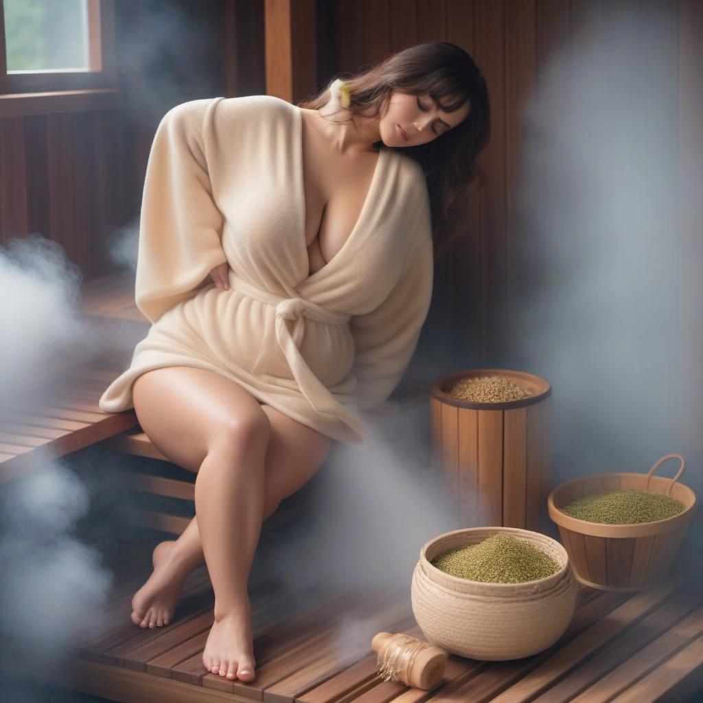  Sauna Herbs A plump woman hyperrealistic, full body, detailed clothing, highly detailed, cinematic lighting, stunningly beautiful, intricate, sharp focus, f/1. 8, 85mm, (centered image composition), (professionally color graded), ((bright soft diffused light)), volumetric fog, trending on instagram, trending on tumblr, HDR 4K, 8K