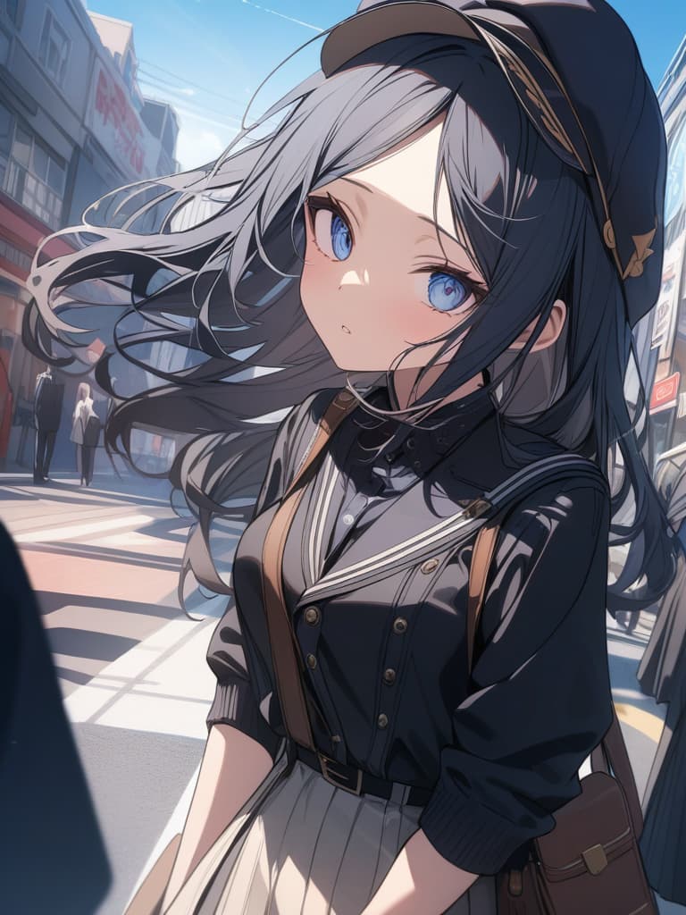  black hair, blue eyes, bob hair, high school students, street fashion, hat, masterpiece, best quality,8k,ultra detailed,high resolution,an extremely delicate and beautiful,hyper detail