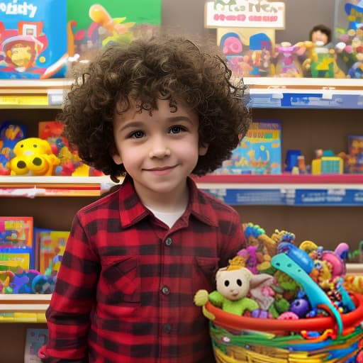  a boy with curly hair, stands at the toy store counter, holds a basket of toys