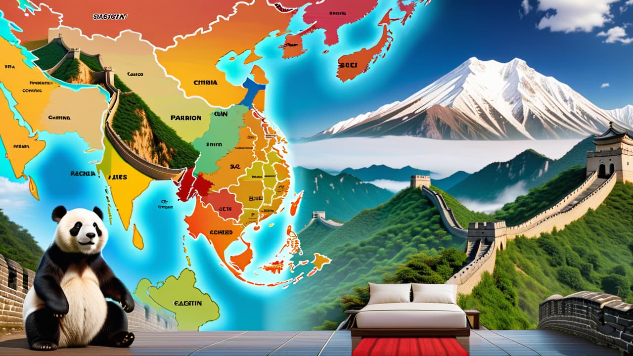  @ image prompt: an inviting travel guide layout featuring a map of china, cultural icons like the great wall and pandas, delicious chinese dishes, and scenic landscapes, all designed to inspire and inform travelers about the rich experiences awaiting them in china. hyperrealistic, full body, detailed clothing, highly detailed, cinematic lighting, stunningly beautiful, intricate, sharp focus, f/1. 8, 85mm, (centered image composition), (professionally color graded), ((bright soft diffused light)), volumetric fog, trending on instagram, trending on tumblr, HDR 4K, 8K