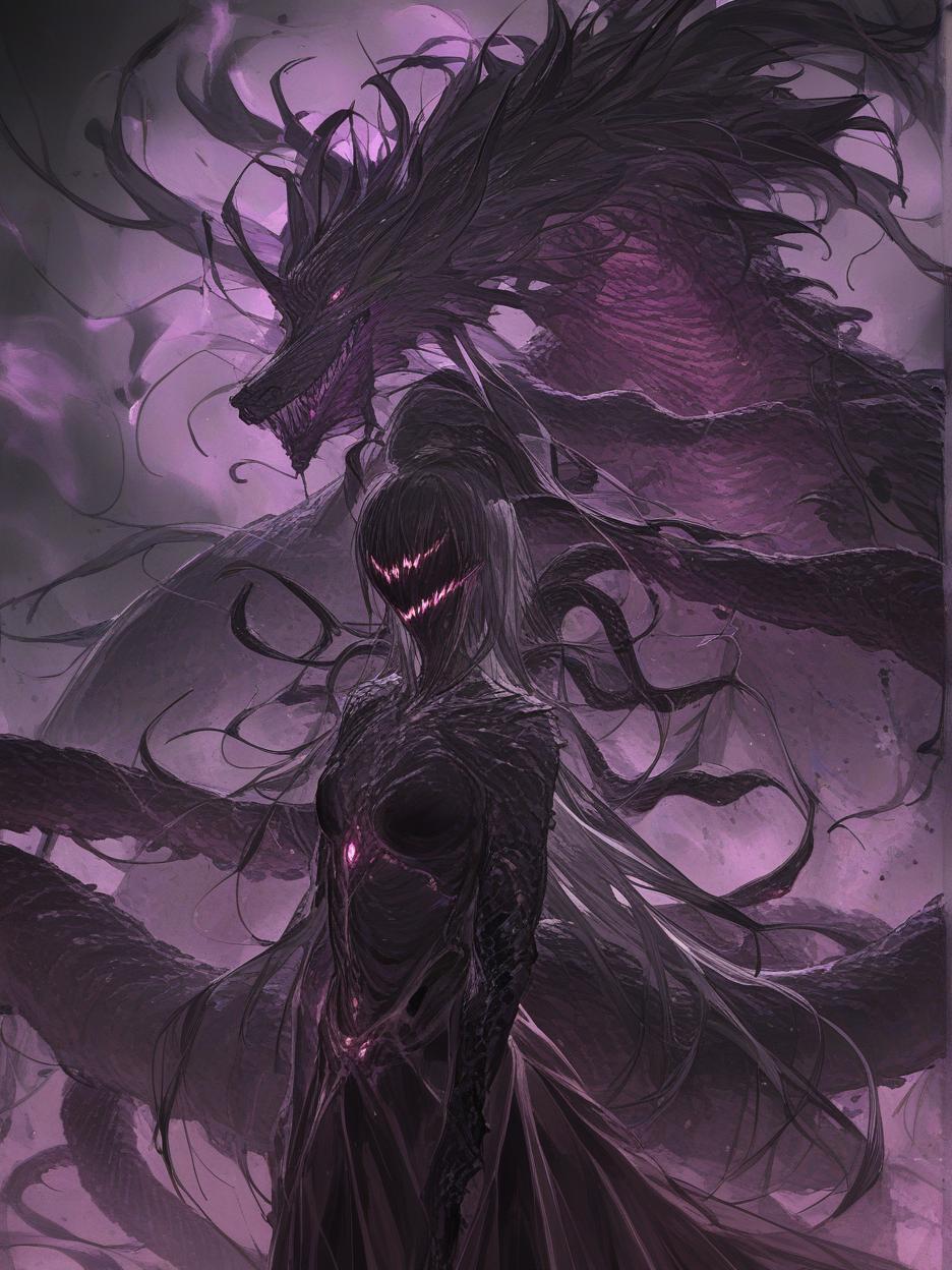  an anime photo of a sorceress wearing a mixture of matte black metal with armor of iridescent synthetic cloths. the woman transformed into a creature, merging with her armor, creating a terrifying smile, full of teeth, no eyes, with several red rune marks on her black body, tentacles on her back, and a monstrous body full of dangers. this creature is in a black forest with a rain and red thunder in the background, its face is all black and eyeless, looking like a wild creature, its body has grown and become very strong, it has taken on a giant dragon like appearance . best quality, high resolution