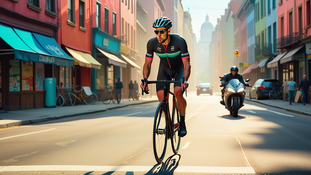  a cyclist in casual attire, riding a sleek road bike through a vibrant urban landscape, weaving between traffic, with colorful street art and bustling pedestrians in the background. sunlight casts dynamic shadows on the pavement. hyperrealistic, full body, detailed clothing, highly detailed, cinematic lighting, stunningly beautiful, intricate, sharp focus, f/1. 8, 85mm, (centered image composition), (professionally color graded), ((bright soft diffused light)), volumetric fog, trending on instagram, trending on tumblr, HDR 4K, 8K