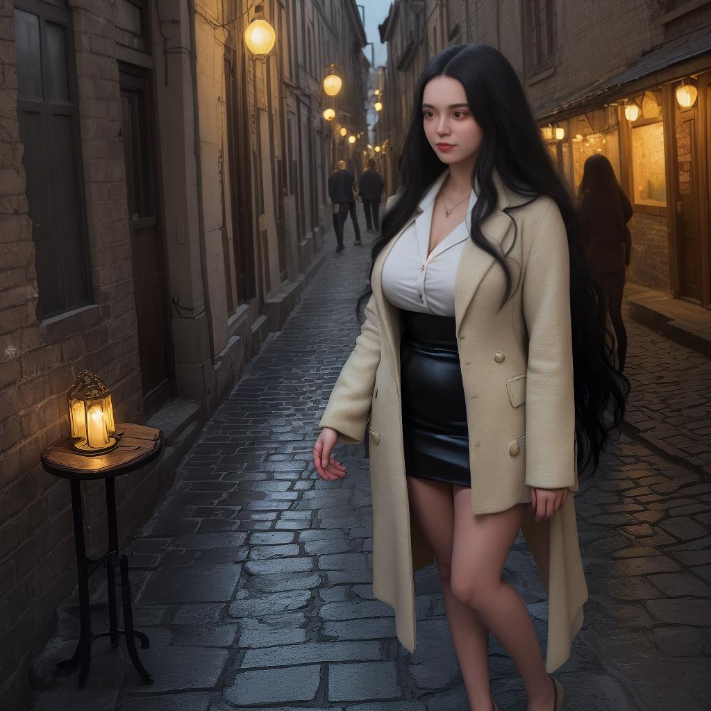  masterpiece, best quality, "A woman with long, flowing black hair stands confidently in an alleyway at night in Bucharest. She is has her hands on the wall, she is tall, slim, and curvy, naked. The scene is set outside a dimly lit café, with vintage-style signage. The alley is lined with cobblestone streets and old brick buildings, illuminated by warm, golden streetlights, adding a sense of mystery to the night atmosphere."