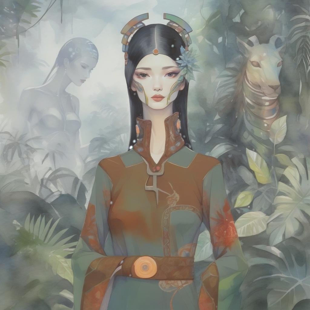  watercolor painting color portrait, ((the background of the jungle)), woman, european appearance, ((long neck)), chinese style of clothing, floral patterns on clothes, (futuristic decorations on the head and neck with luminous elements). . vibrant, beautiful, painterly, detailed, textural, artistic