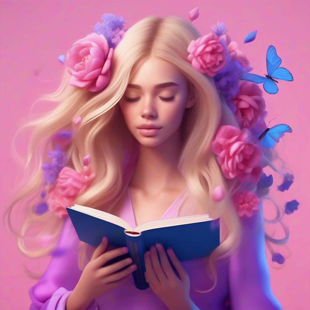  art of fantasy girl with flowers inside her head like her thoughts and growing from her long very thick blondy hair, hair fluttering in the wind with a book in his hands, covering half of her face pink and blue and purple colors on the background cartoon style 3d, hq, 4k for modern mobile app