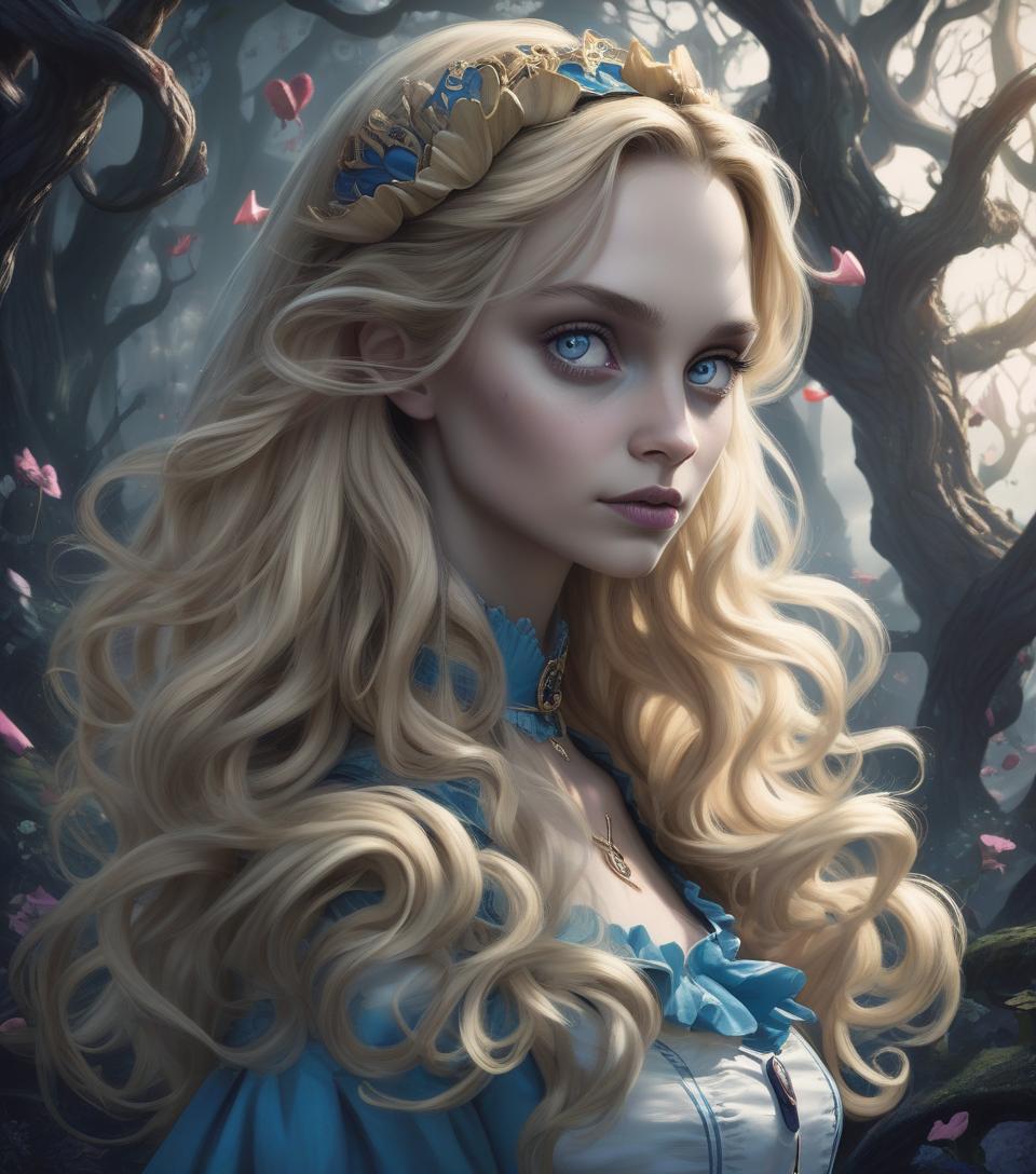  concept art breathtaking beauty, ((portrait)) of twisted ((alice in wonderland)) long flyaway wavy blonde hair, cute, whimsical, intricate, foreboding, audacious detailed fantasy, moonlight and shadows charming, fabled colors, dark vision ((skyrim)) digital art magnum opus . digital artwork, illustrative, painterly, matte painting, highly detailed