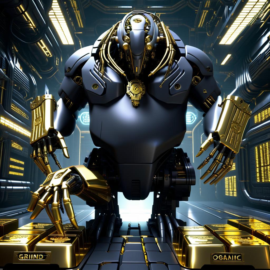  biomechanical cyberpunk the image is a picture for the avatar. remove people in the background from the picture and write on the gold bars of grind machine to be clearly visible. . cybernetics, human machine fusion, dystopian, organic meets artificial, dark, intricate, highly detailed