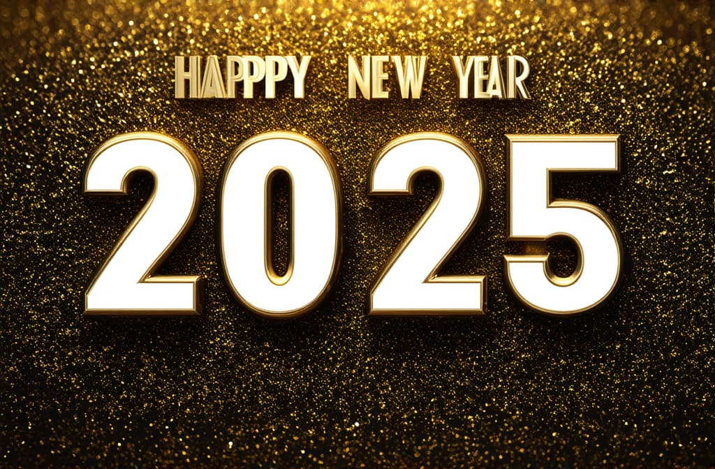  professional detailed photography, happy new year 2025 poster on golden background ar 3:2, (muted colors, dim colors, soothing tones), (vsco:0.3)