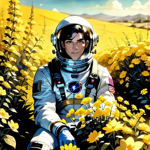  (masterpiece, best quality),cinematic composition, letterboxed, depth of field, solo focus, astronaut sitting in a field of yellow flowers with resting on the ground, gloves, yellow flower, black gloves, spacesuit, science fiction, sunlight, black hair, blue eyes, looking at viewer