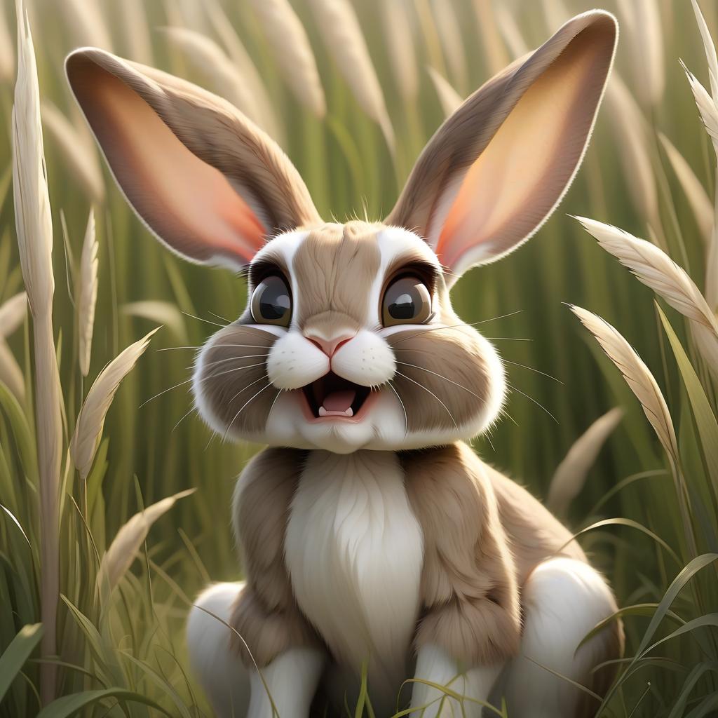  a curious rabbit with incredibly large ears is sitting in the middle of a field with tall grass. one ear is raised. the tall grass around him is bent by the wind