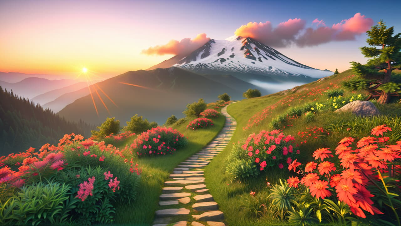  a serene landscape with a winding path leading towards a distant mountain peak, dotted with signposts labeled with various goals, surrounded by blooming flowers and a bright sunrise illuminating the journey ahead. hyperrealistic, full body, detailed clothing, highly detailed, cinematic lighting, stunningly beautiful, intricate, sharp focus, f/1. 8, 85mm, (centered image composition), (professionally color graded), ((bright soft diffused light)), volumetric fog, trending on instagram, trending on tumblr, HDR 4K, 8K