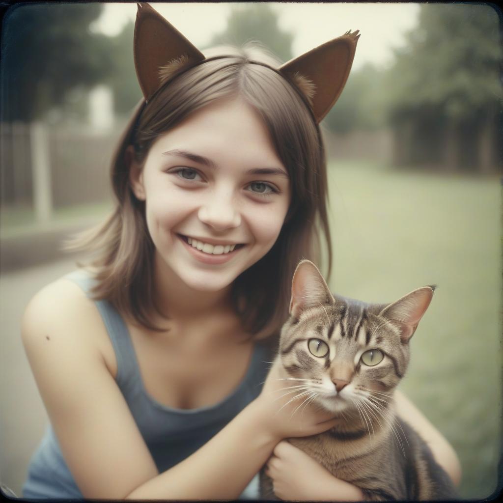  analog film photo cheerful girl with short brown hair . on the head of the cat's ears. vintage style . faded film, desaturated, 35mm photo, grainy, vignette, vintage, kodachrome, lomography, stained, highly detailed, found footage