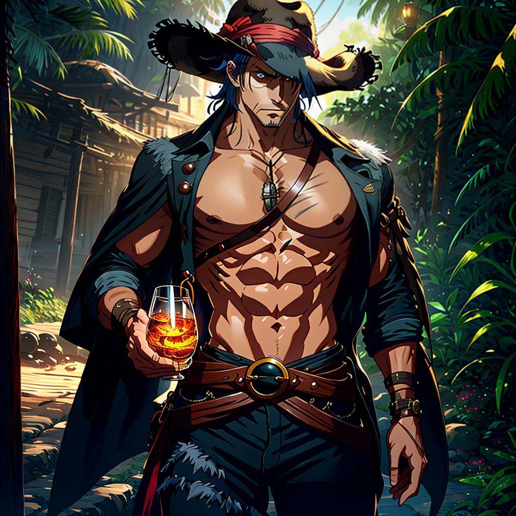  a pirate with a straw hat, adventurous eyes, and a scar on the chest, inspired by one piece. hyperrealistic, full body, detailed clothing, highly detailed, cinematic lighting, stunningly beautiful, intricate, sharp focus, f/1. 8, 85mm, (centered image composition), (professionally color graded), ((bright soft diffused light)), volumetric fog, trending on instagram, trending on tumblr, HDR 4K, 8K