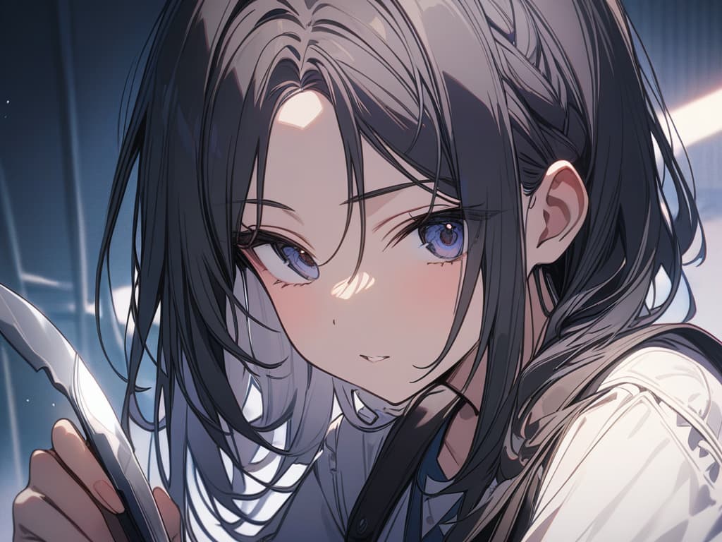  black haired girl with a knife, masterpiece, best quality,8k,ultra detailed,high resolution,an extremely delicate and beautiful,hyper detail