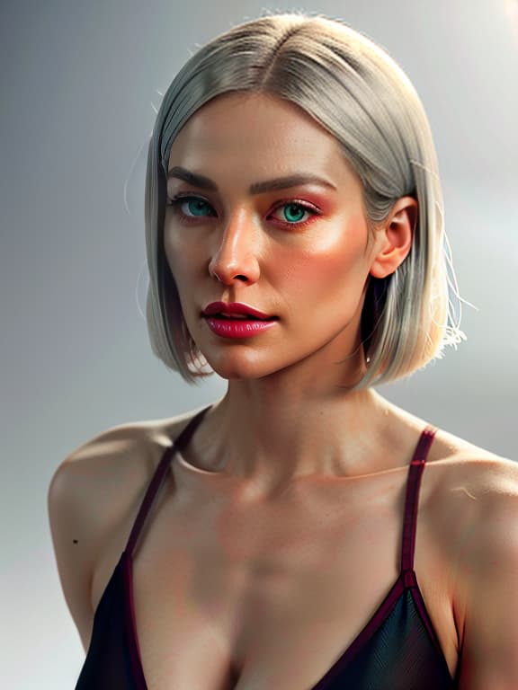  The with short straight silvery hair, with green eyes, in a burgundy bottom, thin, standing upright, on a white background. hyperrealistic, full body, detailed clothing, highly detailed, cinematic lighting, stunningly beautiful, intricate, sharp focus, f/1. 8, 85mm, (centered image composition), (professionally color graded), ((bright soft diffused light)), volumetric fog, trending on instagram, trending on tumblr, HDR 4K, 8K