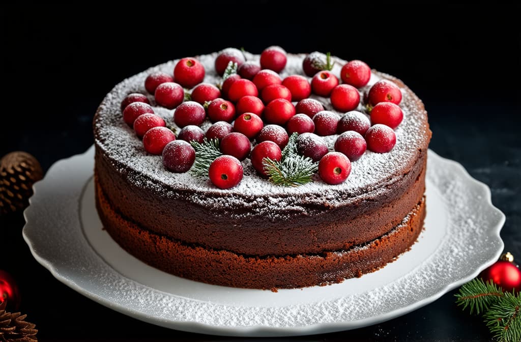  professional detailed photography, chocolate christmas cake with red berries and powdered sugar on a dark background decorated for christmas. close up. ar 3:2, (muted colors, dim colors, soothing tones), (vsco:0.3)