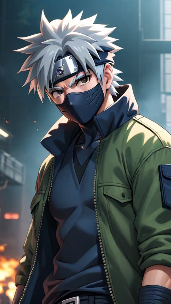  anime art: kakashi hatake without sharingan, relying on natural talent and ninja skills, leading with wisdom. hyperrealistic, full body, detailed clothing, highly detailed, cinematic lighting, stunningly beautiful, intricate, sharp focus, f/1. 8, 85mm, (centered image composition), (professionally color graded), ((bright soft diffused light)), volumetric fog, trending on instagram, trending on tumblr, HDR 4K, 8K