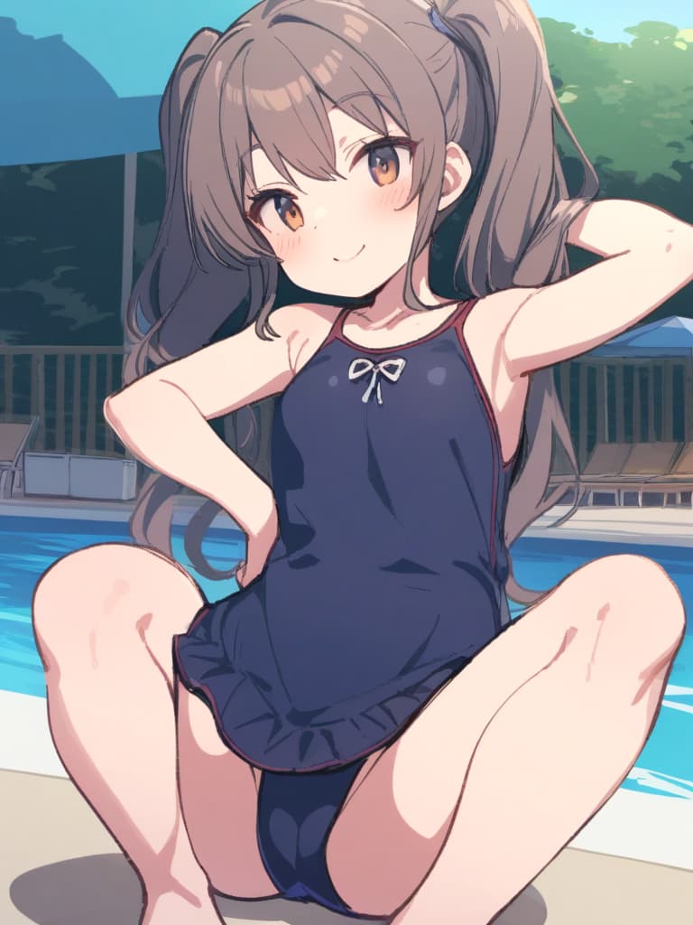  women's elementary students (male), twin tails, cute smiles, (rich s), short stature, dark blue swimwear, old swimwear, , simple, male stick upwards, (bulging), shaped clear , front, whole body, pool side,