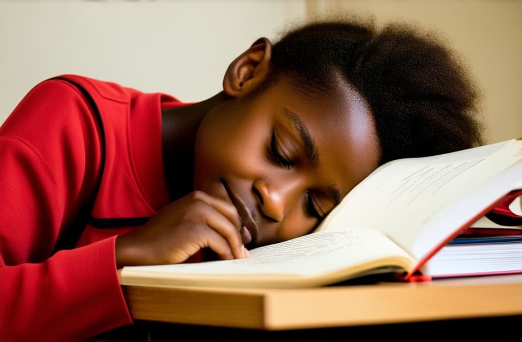  a black girl of primary school age sits at a desk doing her homework, tired and fell asleep, her head down on the desk and her eyes closed. , (natural skin texture), highly detailed face, depth of field, hyperrealism, soft light, muted colors