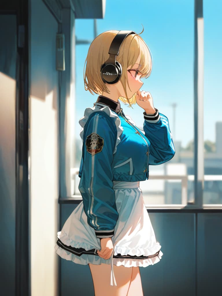  girls who smoke cigarettes, girls wearing headphones, girls in blonde bob cut, whole body, souvenir jacket, maid cosplay, standing, black frill skirt, white apron, sky blue jacket, maid clothes, masterpiece, best quality,8k,ultra detailed,high resolution,an extremely delicate and beautiful,hyper detail