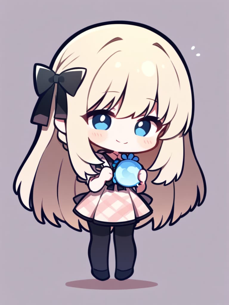  ((cute,nemophila,holding light blue nemophila,beige hair,milk beige hair,smiling face,long hair,braids,half up,side braids,mini character,cute,girly clothes,checked dress,black ribbon,blue))、(absurdres,highres,superlative,texture,contrast,top quality),break (solo,girl,kawaii,very cute face,(full body,chibi:1.5)